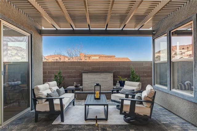 view of patio featuring a pergola and an outdoor hangout area