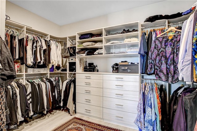 walk in closet with light hardwood / wood-style floors