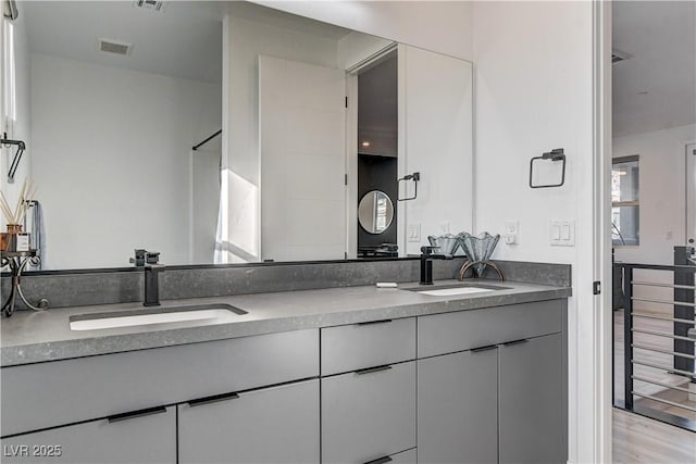 bathroom featuring hardwood / wood-style floors and vanity