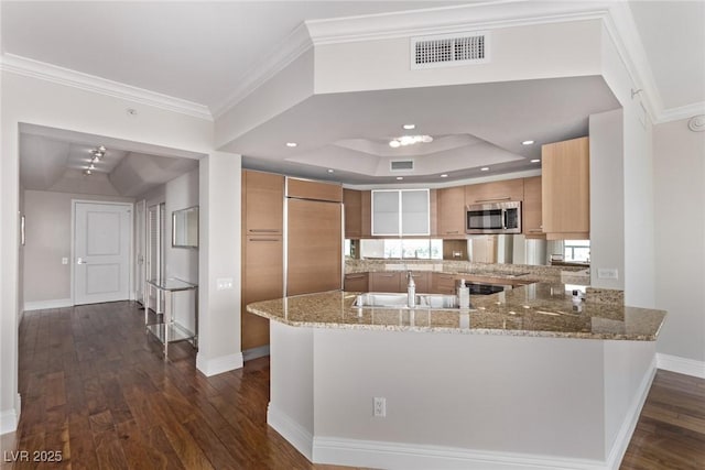 kitchen with light stone counters, kitchen peninsula, and dark wood-type flooring