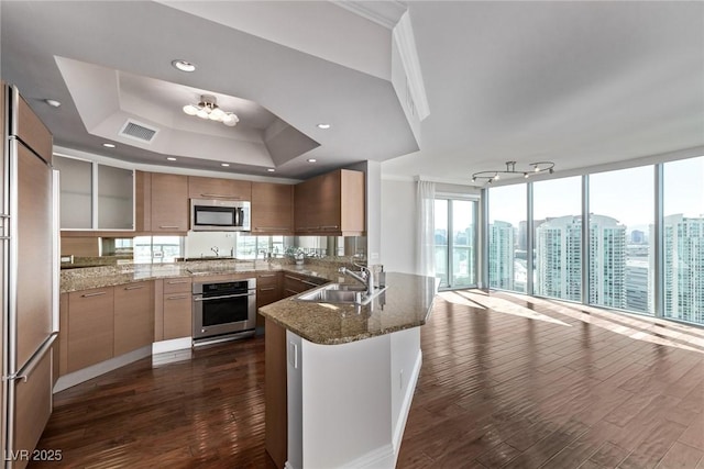 kitchen featuring sink, stone counters, stainless steel appliances, kitchen peninsula, and a raised ceiling