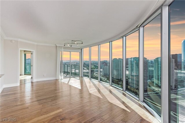 empty room with plenty of natural light, ornamental molding, a wall of windows, and hardwood / wood-style floors