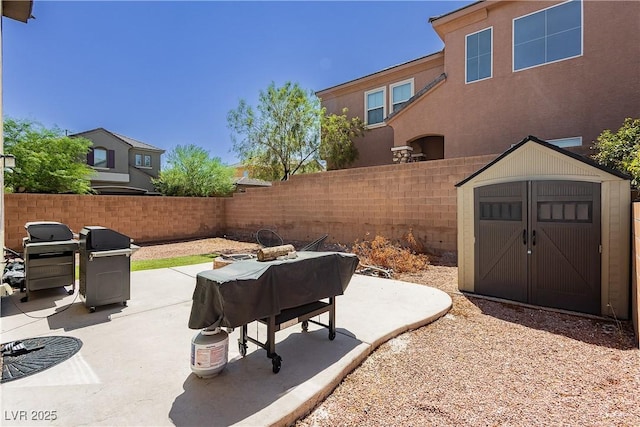 view of patio / terrace with a storage unit and grilling area