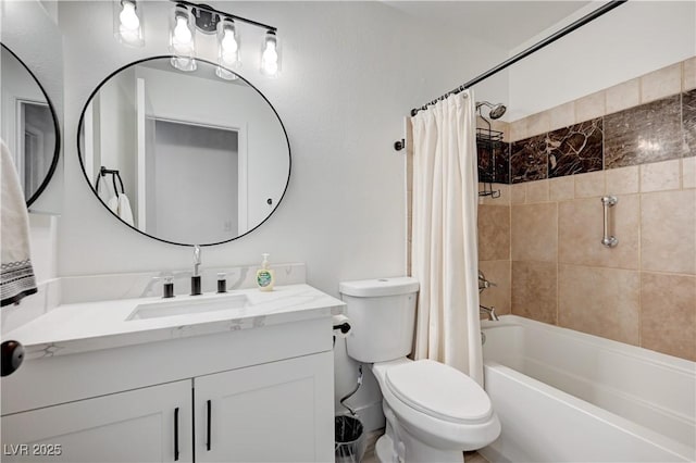 full bathroom featuring vanity, shower / bath combination with curtain, and toilet