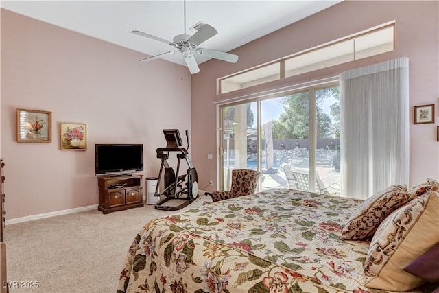 bedroom featuring carpet flooring, access to exterior, and ceiling fan