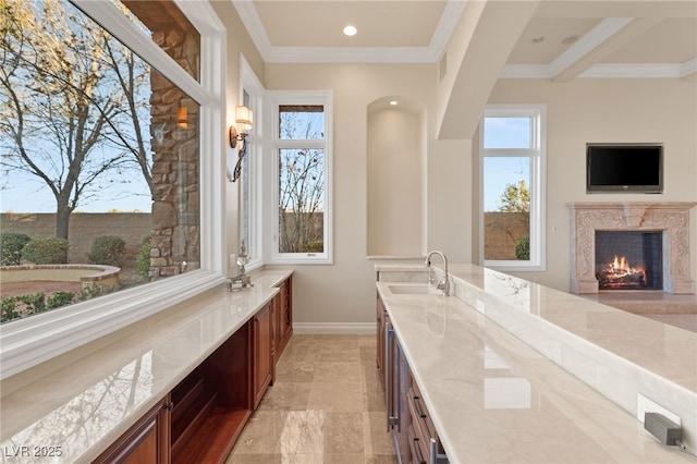 bathroom featuring a premium fireplace, crown molding, vanity, and beamed ceiling