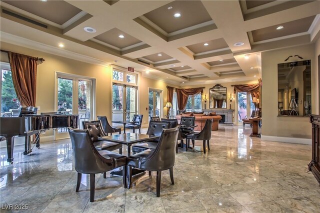 dining room with baseboards, coffered ceiling, marble finish floor, crown molding, and beam ceiling