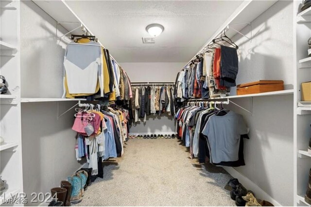 walk in closet featuring light carpet