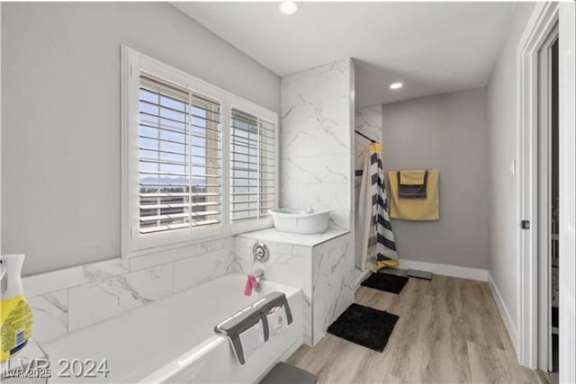 bathroom with separate shower and tub and hardwood / wood-style flooring