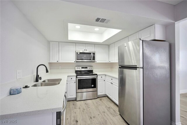 1701 E Katie Ave Unit 10, Las Vegas, NV 89119 - kitchen featuring a raised ceiling, sink, light hardwood / wood-style floors, white cabinetry, and stainless steel appliances