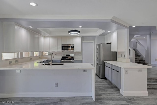 kitchen with kitchen peninsula, stainless steel appliances, white cabinetry, and sink