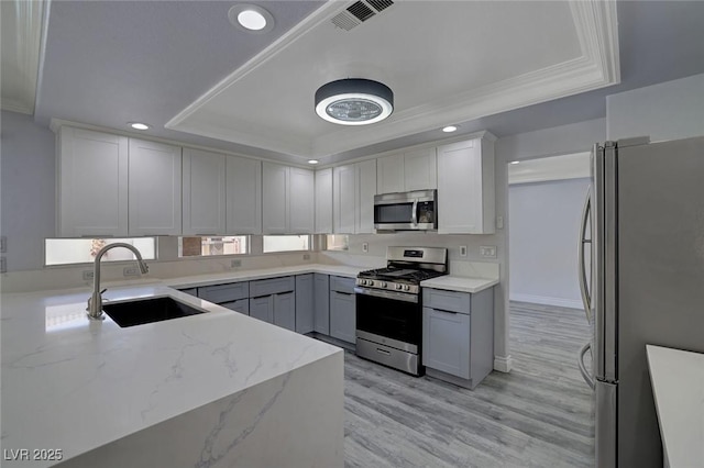 kitchen featuring appliances with stainless steel finishes, light stone counters, ornamental molding, a tray ceiling, and sink