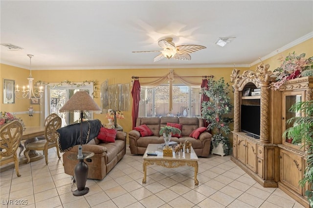 tiled living room featuring ceiling fan with notable chandelier, ornamental molding, and a healthy amount of sunlight