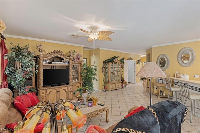 living room featuring ceiling fan, light tile patterned floors, and crown molding