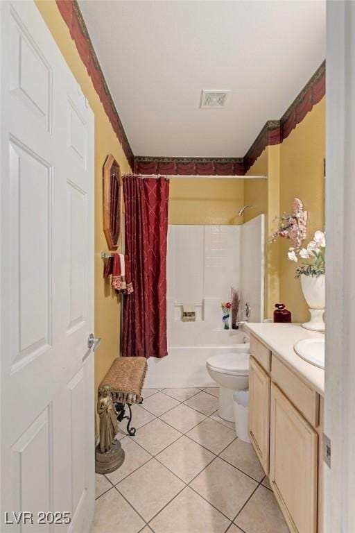 full bathroom featuring toilet, shower / tub combo, tile patterned flooring, and vanity