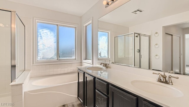 bathroom with independent shower and bath, vanity, and a healthy amount of sunlight