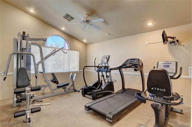 workout area with ceiling fan and vaulted ceiling