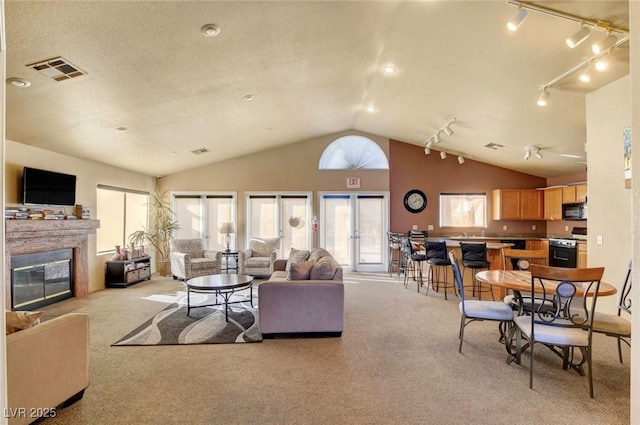 living room featuring lofted ceiling, light colored carpet, and a textured ceiling