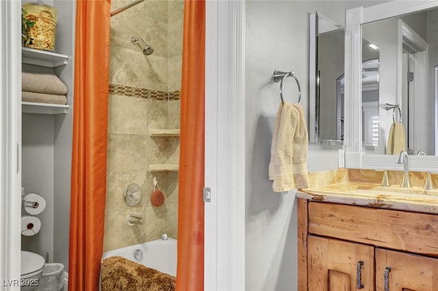 bathroom featuring shower / tub combo with curtain and vanity