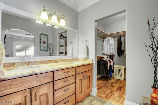 bathroom with ornamental molding, hardwood / wood-style floors, and vanity