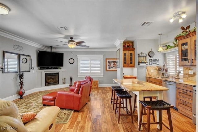 interior space with ornamental molding, a healthy amount of sunlight, sink, and light wood-type flooring