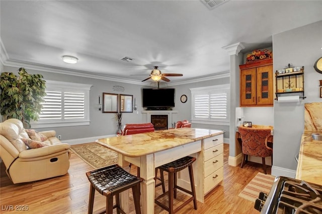 kitchen with crown molding, plenty of natural light, light hardwood / wood-style floors, and ceiling fan