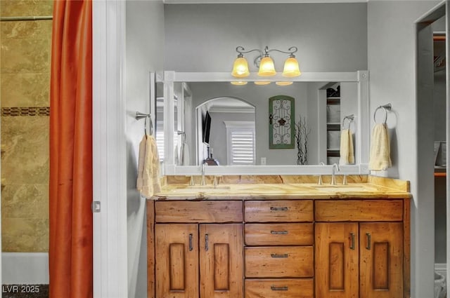 bathroom with vanity and shower / bathtub combination with curtain