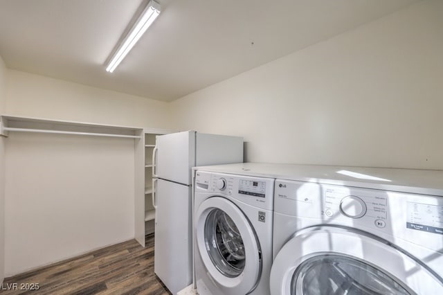 laundry room with separate washer and dryer and dark wood-type flooring