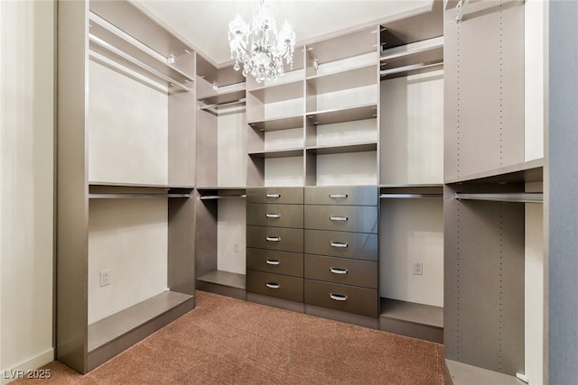 walk in closet with a chandelier and light colored carpet