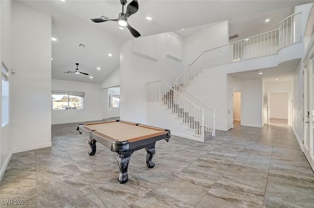 playroom featuring pool table, ceiling fan, and high vaulted ceiling