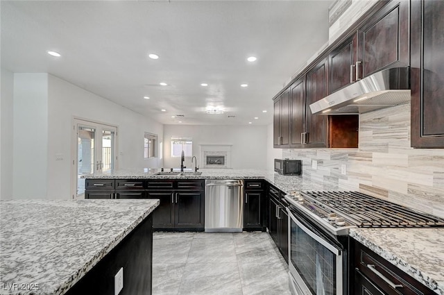 kitchen with dark brown cabinetry, light stone countertops, sink, and appliances with stainless steel finishes