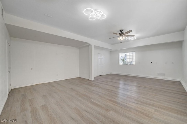 unfurnished room with light wood-type flooring and ceiling fan