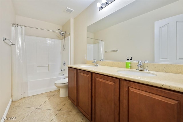 full bathroom featuring shower / bathtub combination with curtain, vanity, tile patterned floors, and toilet