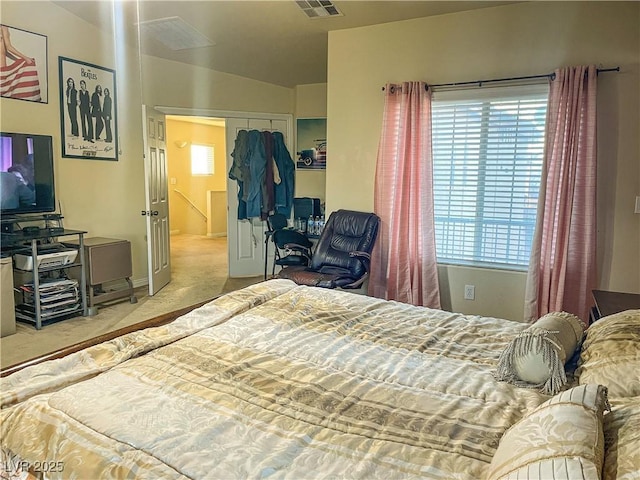 carpeted bedroom with multiple windows, vaulted ceiling, and a closet