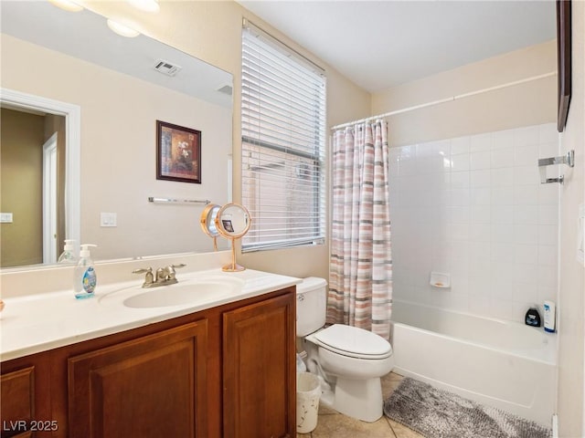 full bathroom with toilet, vanity, tile patterned floors, and shower / bath combination with curtain