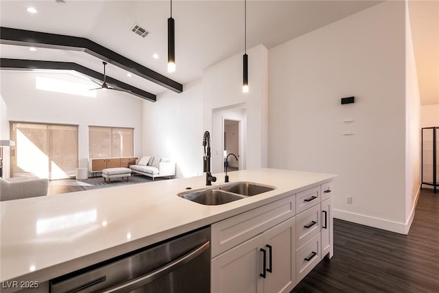 kitchen with sink, white cabinetry, stainless steel dishwasher, hanging light fixtures, and dark wood-type flooring