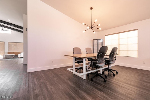 home office featuring a wealth of natural light, vaulted ceiling with beams, a chandelier, and dark hardwood / wood-style floors