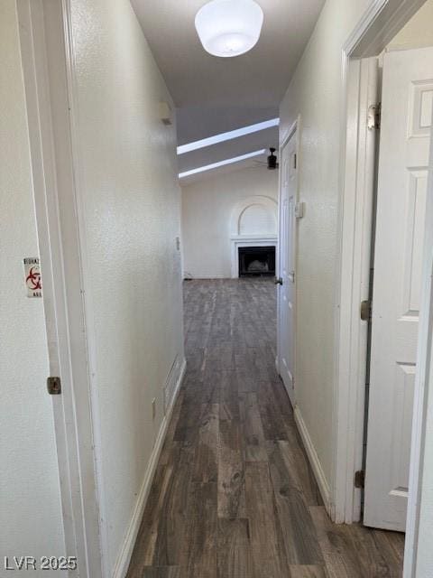 hall featuring lofted ceiling and dark wood-type flooring