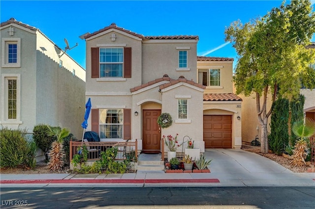 mediterranean / spanish-style home featuring a tile roof, stucco siding, a porch, concrete driveway, and a garage