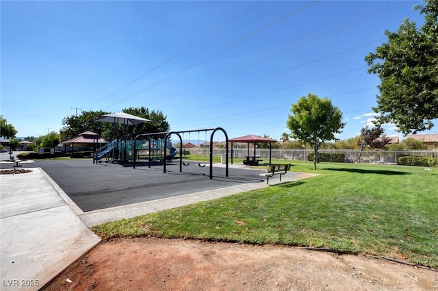 view of play area with a gazebo and a yard