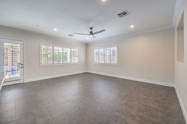 empty room with ceiling fan and ornamental molding