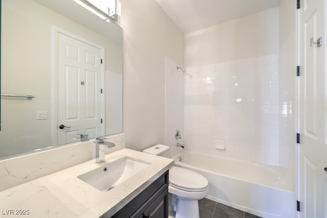 full bathroom with tile patterned flooring, shower / bathing tub combination, vanity, and toilet