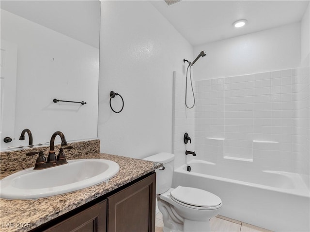 full bathroom featuring shower / bath combination, tile patterned floors, vanity, and toilet