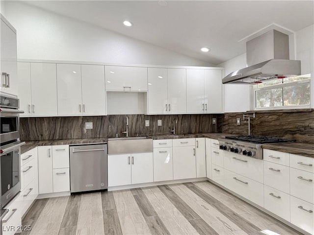 kitchen featuring ventilation hood, white cabinetry, lofted ceiling, sink, and stainless steel appliances