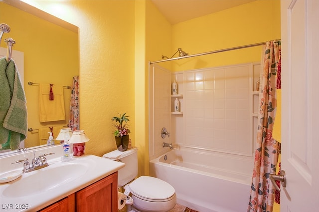 full bathroom featuring shower / bathtub combination with curtain, vanity, and toilet