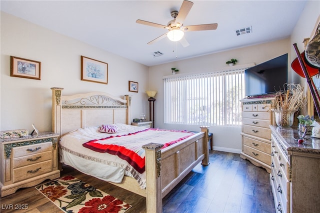 bedroom featuring dark wood-type flooring and ceiling fan