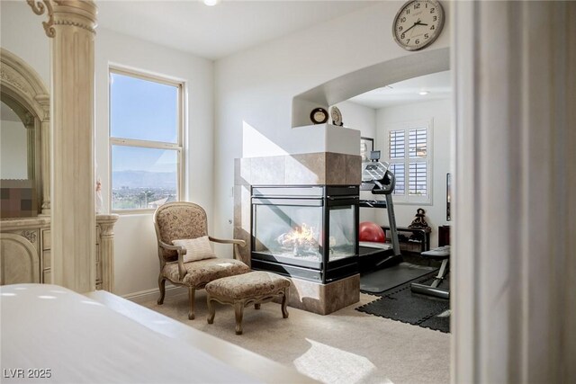 interior space with carpet flooring, a mountain view, and a fireplace