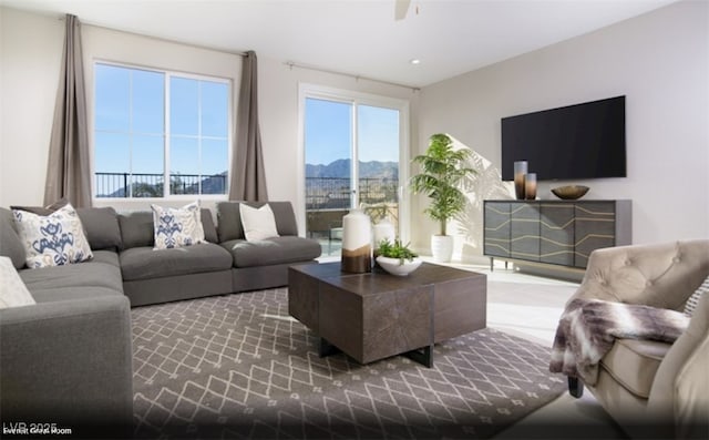 living room with ceiling fan