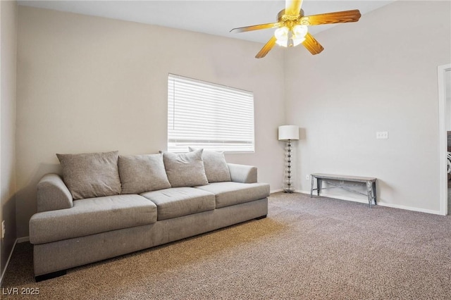 living room with ceiling fan and carpet floors