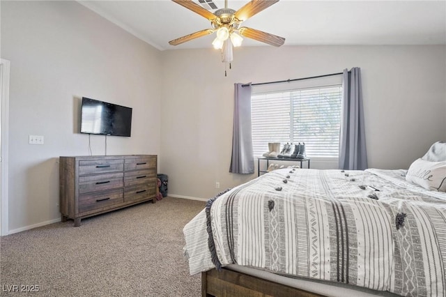 carpeted bedroom featuring ceiling fan and lofted ceiling